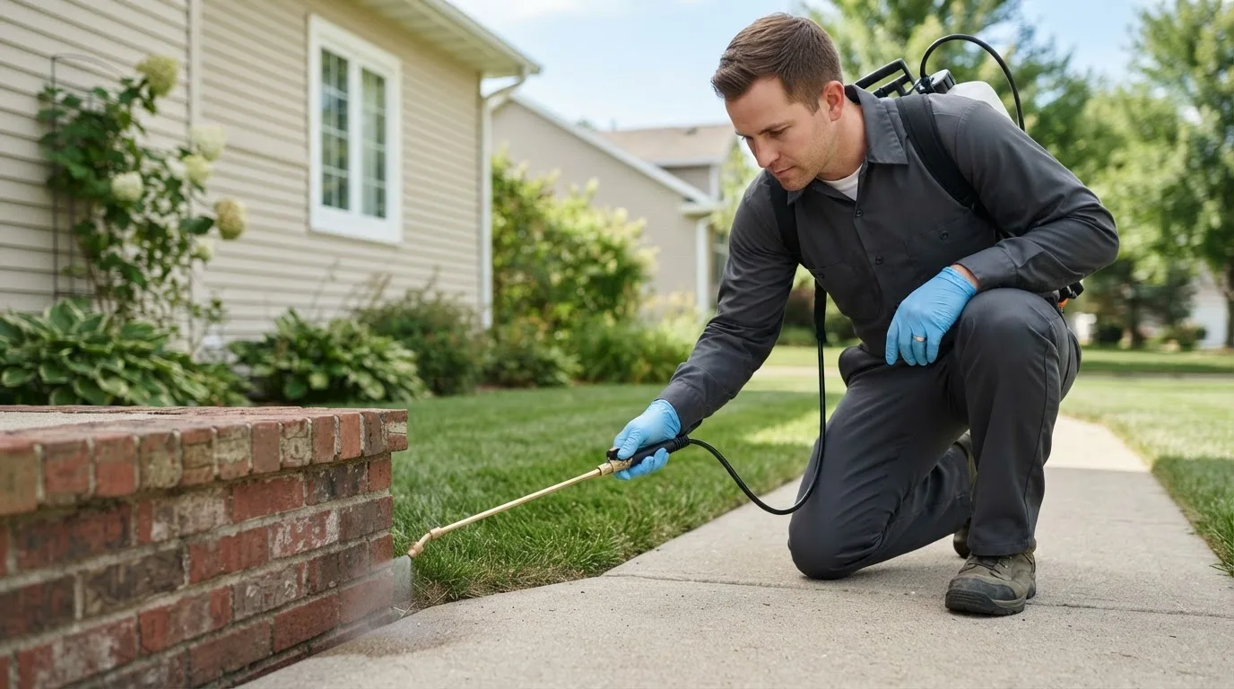 Pest control technician treating a home near Elgin, ND