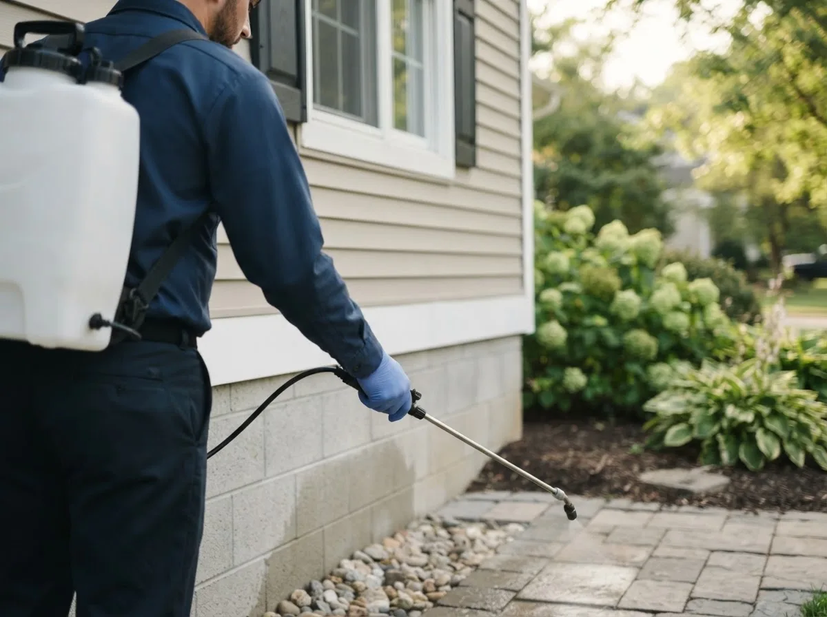 Pest control technician inspecting a home in Elgin, ND